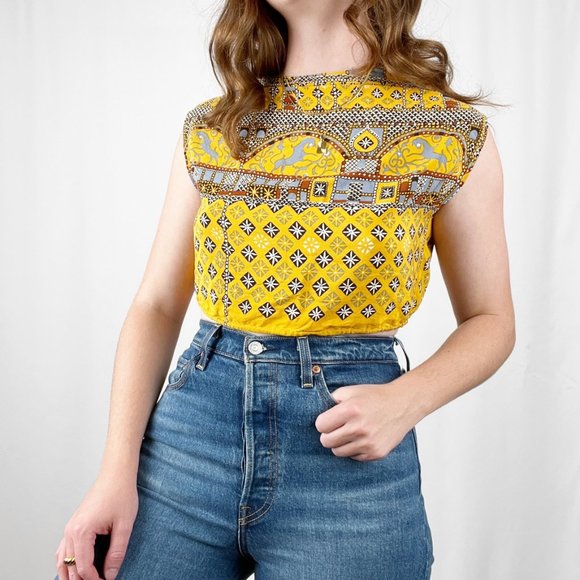 Vintage Silk Reversible Crop Top Open Back V-Neck Boho Hippie Floral Print Funky - Picture 4 of 6